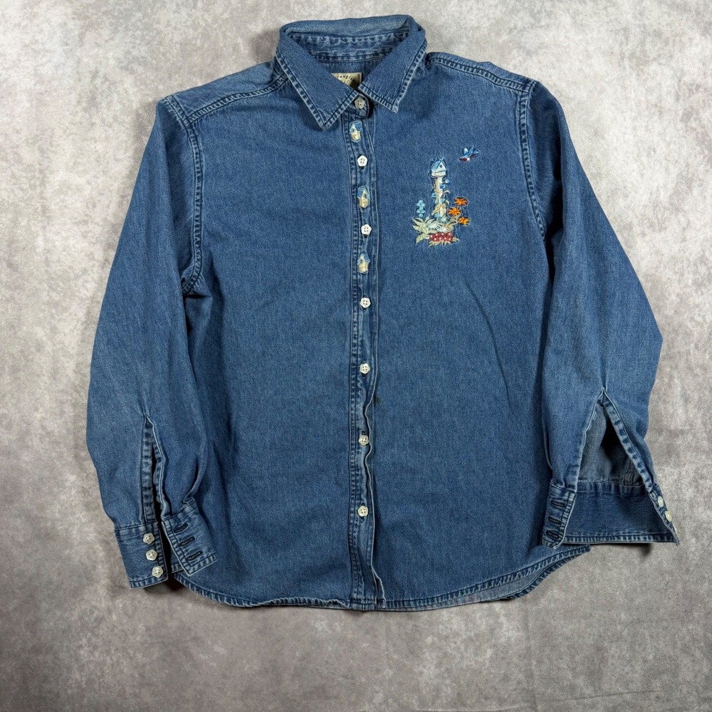 VTG Wrangler Women L Blue Denim Birdhouse Floral Button Down Shirt Cottagecore